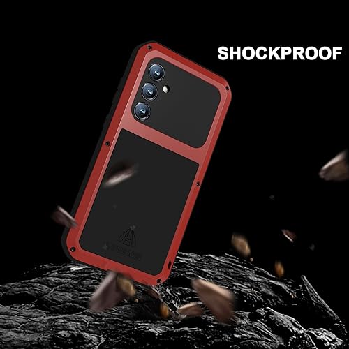 LOVE MEI Military Rugged Case for Samsung Galaxy S23 Fe, with Tempered Glass Screen Protector, Shockproof Dustproof Scratch Proof Hybrid Metal and Silicone Gel Heavy Duty Full Body Cover (Red) - color: Red