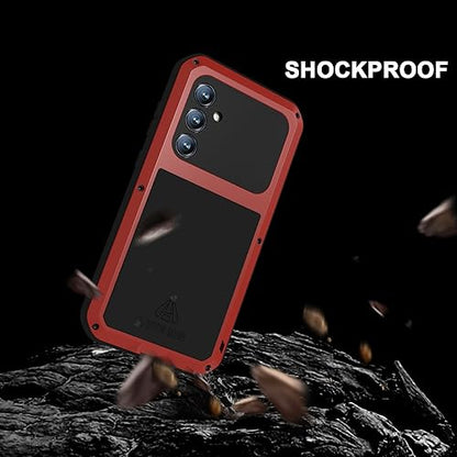 LOVE MEI Military Rugged Case for Samsung Galaxy S23 Fe, with Tempered Glass Screen Protector, Shockproof Dustproof Scratch Proof Hybrid Metal and Silicone Gel Heavy Duty Full Body Cover (Red) - color: Red