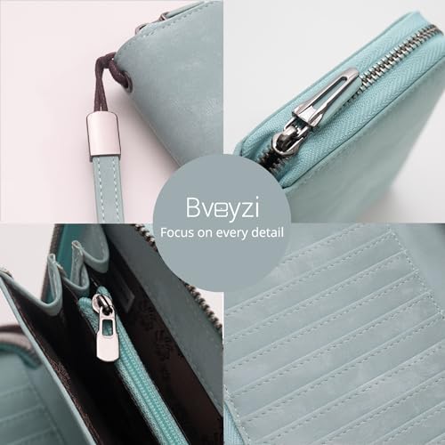 Bveyzi Women RFID Blocking Wallet Leather Zip Around Phone Clutch Large Capacity Ladies Travel Purse Wristlet - color: Purist Blue