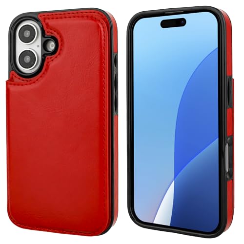 ONETOP for iPhone 16 Wallet Case with Credit Card Holder,Red | Kickstand,ID/Cash Holder,Case Wallet with Card Slots,Double Magnetic Clasp,Durable PU Leather Shockproof Cover for Women Men - color: Red