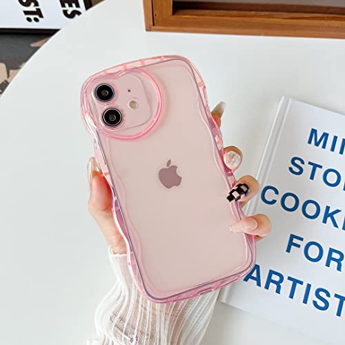 Qokey Compatible for iPhone 12 Case 6.1 inch,Cute Clear Love Design,Heart Camera Curly Wave Transparent Protection Soft Shockproof Phone Cover for Women Girl Men, Pink - size: for iPhone 12