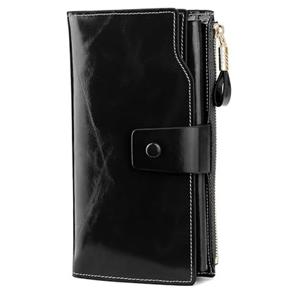 YALUXE Women's Real Leather Wallet RFID Protect 21 Card Slots Phone Pocket - color: 3- Waxed Black, size: Genuine Leather