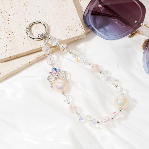 WOZEAH Phone Charm for Women, Beaded Wrist Strap Lanyard with Tether Tab – Anti-Theft Hands-Free Detachable Phone Chain Wristlet - color: Pink Crown