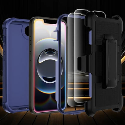 for iPhone 17e/16e Case with Belt Clip Holster,Military Grade Anti-Drop Shockproof Defender Phone Cases w/2x Screen Protectors & Kickstand,2 Layers Rugged Heavy Duty Protective Bumper Cover (Blue) - color: Blue