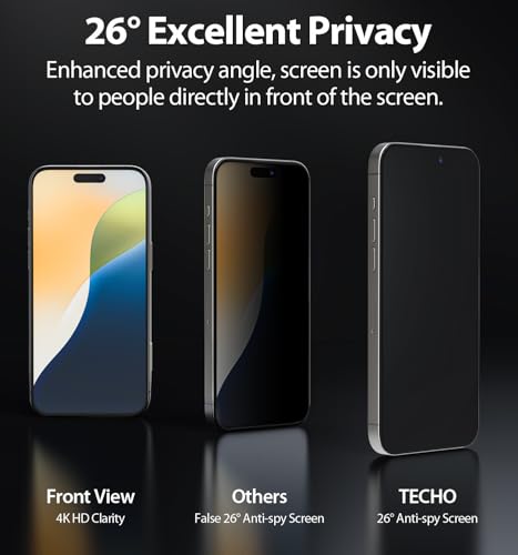 TECHO Privacy Screen Protector for iPhone 16 Pro Max Tempered Glass Film, Full Coverage Edge to Edge, Anti Spy Private, 9H Hardness, Easy Installation, 2 Pack, 6.9 Inch - size: iPhone 16 Pro Max (6.9 inch)