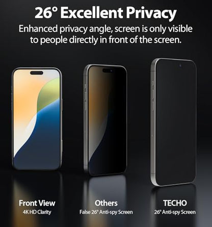 TECHO Privacy Screen Protector for iPhone 16 Pro Tempered Glass Film, Full Coverage Edge to Edge, Anti Spy Private, 9H Hardness, 2 Pack, 6.3 Inch (iPhone 16 Pro (6.3 inch)) - size: iPhone 16 Pro (6.3 inch)