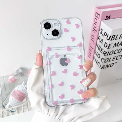 NITITOP Compatible with iPhone 14 Case Clear with Card Holder Cute Pink Love Heart Pattern Design Design Soft TPU Shock-Absorbing Wallet Case Protective Cover - Pink - color: Pink, size: iPhone 14