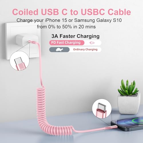 USB C to C Cable 3FT for Car, Coiled USB C Fast Charging Cable iPhone USB-C - color: Pink, size: 3FT