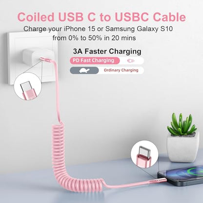 USB C to C Cable 3FT for Car, Coiled USB C Fast Charging Cable iPhone USB-C - color: Pink, size: 3FT