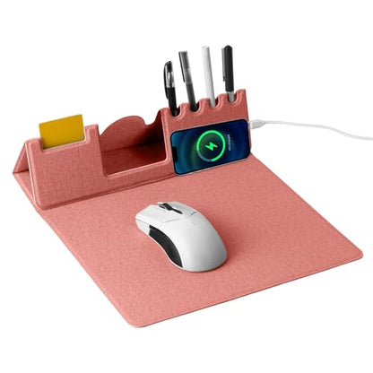 Mouse Pad with Phone Holder & Pen Holders, Wireless Charging Desk Mat, Mousepad Home Office Desk Pad with Ultra-Smooth Surface, Non-Slip Base, Waterproof Keyboard Pad, Classic Pink Desk Mat - color: Pink