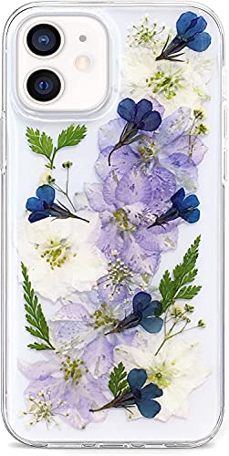 Abbery Designed for iPhone 12 Mini Case Pressed Flower Cute Clear with Design Soft Silicon TPU Rubber Dired Real Flroal Girl Woman Aesthetic Case for iPhone 12 Mini (Navy Flower) - color: Navy Flower, size: for iPhone 12 Mini