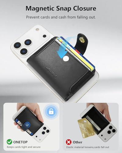 ONETOP for MagSafe Wallet,Magnetic Phone Wallet with 5 Card Slots,Black | 1-12 Cards/Cash Holder for iPhone 17/16/15/14/13/12 Series,Detachable Wallet Stick-On Back,PU Leather RFID Blocking Kickstand - color: Black