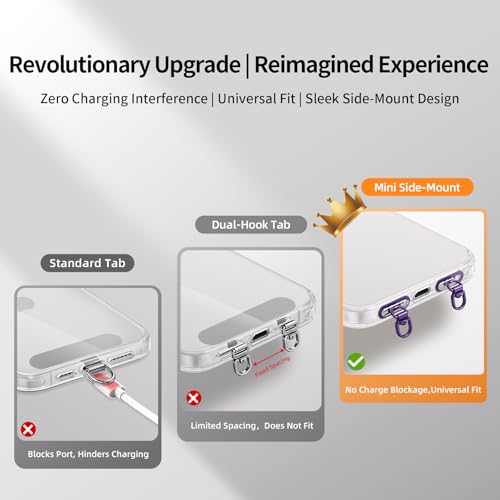 saxsion Side-Mount Phone Tether Tab, Metal Lanyard Patch, 360° Swivel Clip, 304 Stainless Steel, Won't Block Charging Port - color: Dark Purple