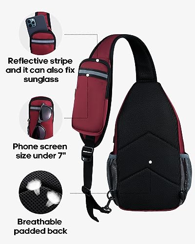 WATERFLY Crossbody Sling Backpack Sling Bag Travel Hiking Chest Bag Daypack | Small Hiking bag,Multi-compartment storage,Water-resistant,Breathable back pad,Reversible adjustable shoulder strap - color: Dark Red