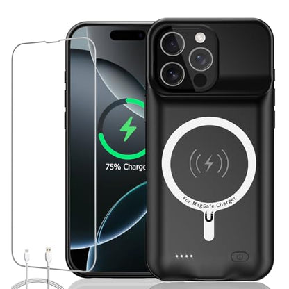 Battery Case iPhone 16 Pro, Upgraded 10000mAh Rechargeable Portable Extended Battery Pack Supported Qi Wireless Charging Case Compatible with iPhone 16 Pro (6.3 inch) Charger Power Bank (Black) - size: iPhone 16 Pro (6.3 inch)