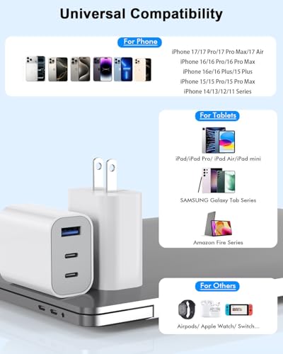 iPhone 17 Charger Block,[2Pack]3-Port Fast USB C Charger Block 35W Charging - color: White-Three Port