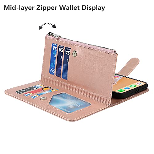 iCoverCase for iPhone X/XS Wallet Case with Card Holder and Wrist Strap, PU Leather Kickstand Card Slots Zipper Pocket Magnetic [Detachable] Flip Cover Case 5.8 Inch (Rose Gold) - color: Rose Gold