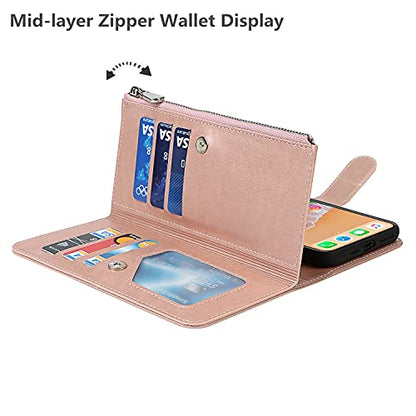 iCoverCase for iPhone X/XS Wallet Case with Card Holder and Wrist Strap, PU Leather Kickstand Card Slots Zipper Pocket Magnetic [Detachable] Flip Cover Case 5.8 Inch (Rose Gold) - color: Rose Gold