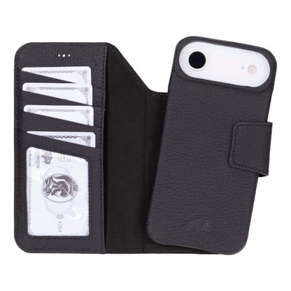 BLACKBROOK Detachable Leather Wallet Case Compatible with iPhone Air | Full-grain detachable folio with RFID blocking, 3 card slots, ID window, built-in kickstand, wireless charging, handcrafted. - color: Pebble Black, size: iPhone 17 Air