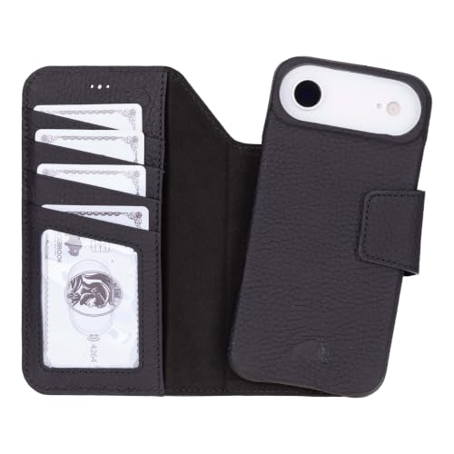 BLACKBROOK Detachable Leather Wallet Case Compatible with iPhone Air | Full-grain detachable folio with RFID blocking, 3 card slots, ID window, built-in kickstand, wireless charging, handcrafted. - color: Pebble Black, size: iPhone 17 Air