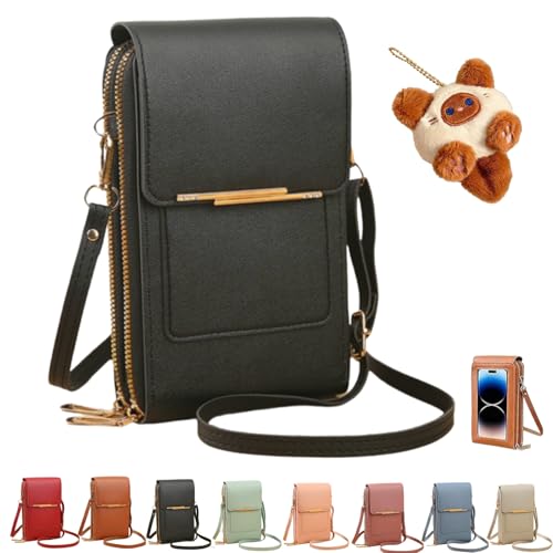 Women's Touch Screen Mobile Phone Messenger Bag,Anti-Theft Mobile Leather Bag,Leather Waterproof Crossbody Wallet Purse - color: Black