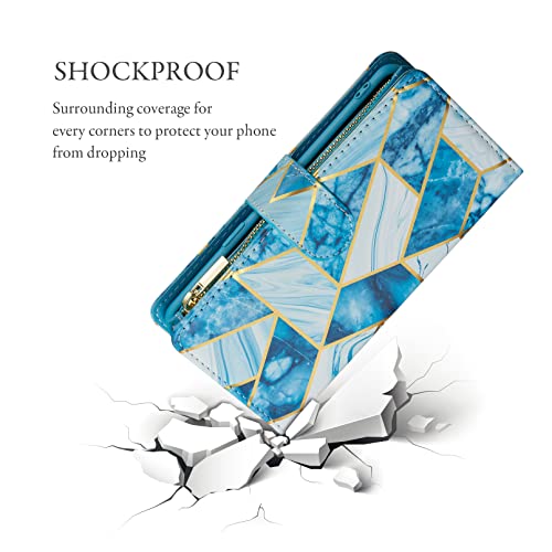 UEEBAI Case for iPhone 13 6.1 inch, PU Leather Wallet Retro Shockproof Flip Case Cover with Card Slots Stand Function, Magnetic Closure - Blue# - color: Marble Blue