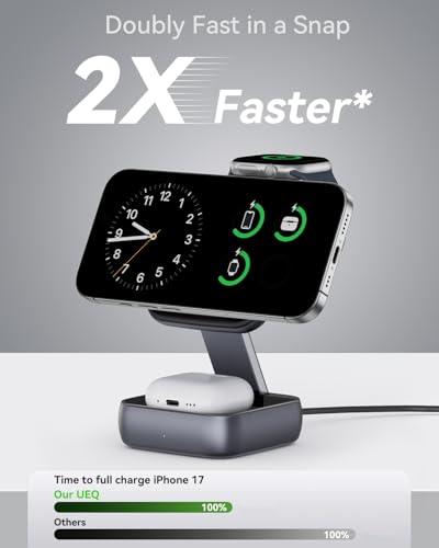 UEQ 3 in 1 Wireless Charging Station for Apple Devices,Foldable Fast Travel Magnetic Wireless Charger,Compatible with MagSafe Charger for iPhone 17 Air 16 15 14 13 12,Apple Watch&AirPods Pro