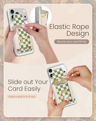 Shorogyt Compatible with Magsafe Wallet with Ring Grip Magnetic Card Holder - Cute Phone Wallets with Stand for iPhone 17/16/15/14/13/12 Series for Women Girls Green Grid Design, Fit 7 Cards - color: Green Grid