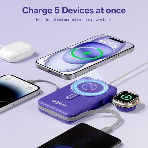 Magnetic Portable Charger Built-in Cables,10000mAh Fast Charging Wireless Charger Station External Battery Pack Slim Pocket Size Power Bank with Stand Compatible with iWatch, iPhone - color: Blue