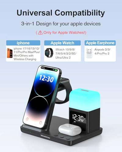 Wireless Charging Station Alarm Clock with 8 Touch Night Lights: 5 in 1 Charger Stand for Apple Devices, Charging Dock for iPhone 17 16 15 14 13 12 Pro Max Plus/Apple Watch/AirPods, Dimmable