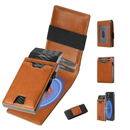 iwantit 3 in 1 Magsafe Wallet Men: Bifold Wallet + Magnetic Wallet for iPhone - Detachable Cash Strap, Smart Pop Up Card Holder, ID Window, Premium Leather (Orange-red) - color: Orange-red