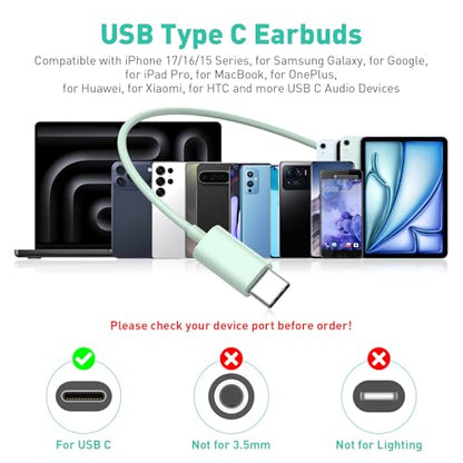 USB C Headphones Magnetic Wired Earbuds with Mic Volume Control 4ft Green - color: Green