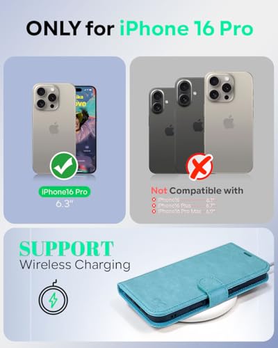 OCASE Compatible with iPhone 16 Pro Wallet Case, PU Leather Flip Folio Case with Card Holders RFID Blocking Kickstand [Shockproof TPU Inner Shell] Phone Cover 6.3 Inch 2024, Ice Blue | RFID Blocking, Flip Case, Magnetic Clasp, PU Leather Wallet Case, Kick