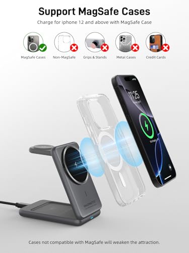 Wireless Charger for Apple, 3 in 1 MagSafe Charger Foldable Magnetic Charger for iPhone 17/16/15/14 Series, Airpods Pro 2, iWatch Series 10/9/8/7, Travel Charging Station for Apple Multiple Devices