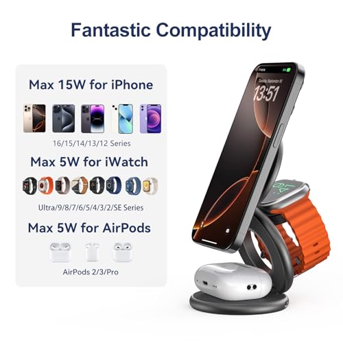KU XIU X63 3 in 1 Charging Station for Apple, Aluminum Alloy Foldable Magnetic Wireless Charger, Travel Charger for iPhone 17/16/15/14/13/12 Series, Apple Watch & AirPods (with 20W Adapter)-Gray - color: Gray