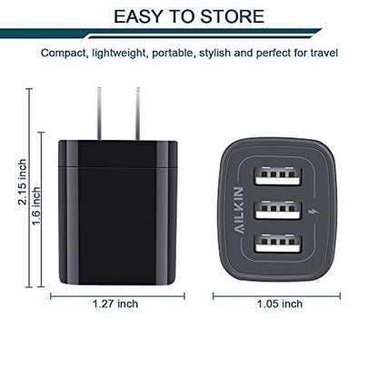 Wall Charger Plug, USB Charger Cube, AILKIN 3.1A 3-Muti Port USB Adapter - color: Wall Charger Black
