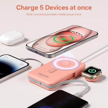 Magnetic Portable Charger Built-in Cables,10000mAh Fast Charging Wireless Charger Station External Battery Pack Slim Pocket Size Power Bank with Stand Compatible with iWatch, iPhone - color: Pink