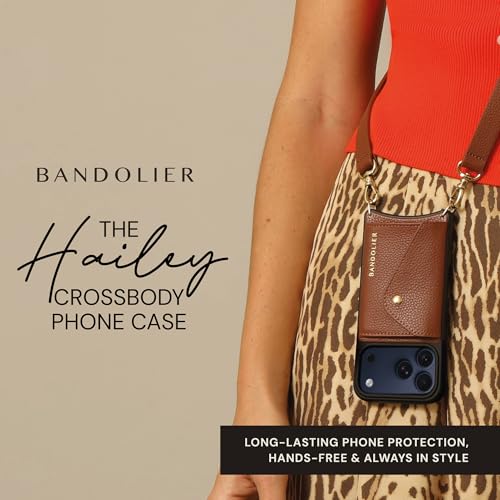 Bandolier Hailey Leather Crossbody Phone Case iPhone 15 Pro- Cognac | Crossbody leather phone case. Built-in wallet w/ snap-closure. Adjustable & removable leather strap. Phone drop protection. - color: Cognac/Gold, size: iPhone 15 Pro