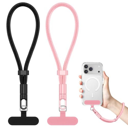 Meliya Phone Wrist Strap, 2 Pack Adjustable Cell Phone Lanyard Strap with 2 Tether Tabs for Smartphones - color: Black/Pink