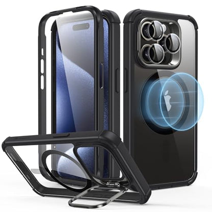 ESR for iPhone 15 Pro Case with Stand, Compatible with MagSafe, Full-Body Military-Grade Drop Proof Case with Built-in 9H+ Tempered Glass Screen Protector, Armor Series, Clear Black - color: Clear Black + Stand