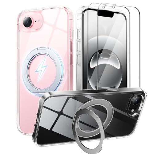 360°Ring Stand for iPhone 16E/17E Case with 2X Screen Protector,Fit for MagSafe, Anti-Yellowing & Scratch-Resistant Back Phone Case for iPhone 16E/17E 6.1", Clear - color: A-Clear stand, size: iPhone 16E/17E