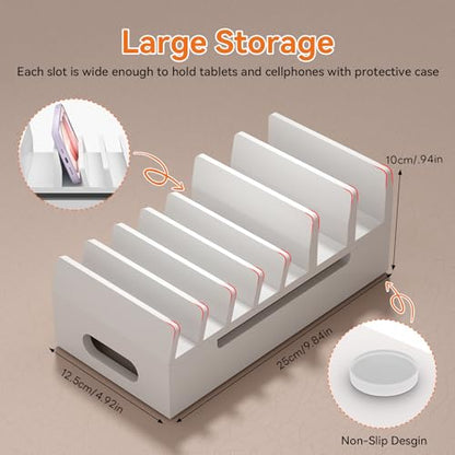 Bamboo Charging Station with 5 Port Charger HUB & 5 Cables-White - color: White