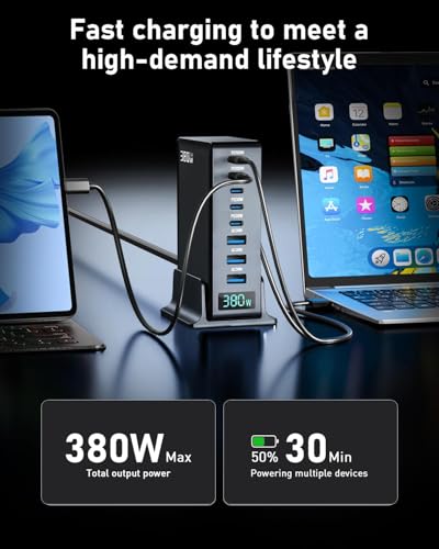 380w Charging Power Strip Station, 8 Port GaN Fast USB C Charger Block with Dual Pd 100w for Laptop, MacBook Pro/Air, Iphone16/15/14/13, Ipad, Samsung Galaxy, Android, for Travel, Home, Office