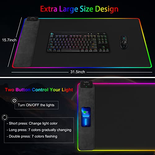 Wireless Charging RGB Gaming Mouse Pad, 31.5"x15.7" Large Desk Mat, Desk Pad with Wireless Charger, Non-Slip Rubber Base, Waterproof, Computer Keyboard Mat for Gamer, Office, Home, Black - color: Black