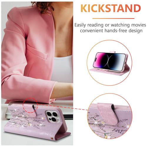 UEEBAI Wallet Case for iPhone 13 Pro, PU Leather Phone Cover Kickstand RFID Blocking Flip Case Card Slots Wrist Strap Relief Engraved Pattern Magnetic Closure Flower Folio Wallet, Lavender - color: Lavender, size: iPhone 13 Pro