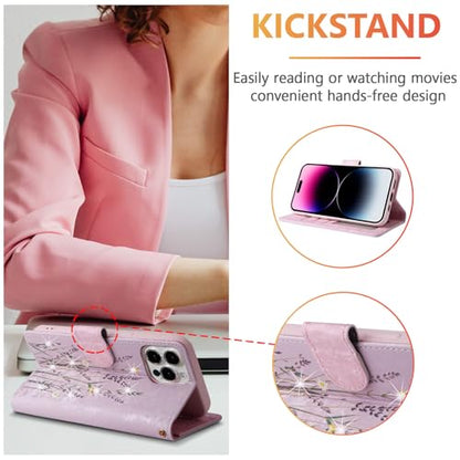 UEEBAI Wallet Case for iPhone 13 Pro, PU Leather Phone Cover Kickstand RFID Blocking Flip Case Card Slots Wrist Strap Relief Engraved Pattern Magnetic Closure Flower Folio Wallet, Lavender - color: Lavender, size: iPhone 13 Pro