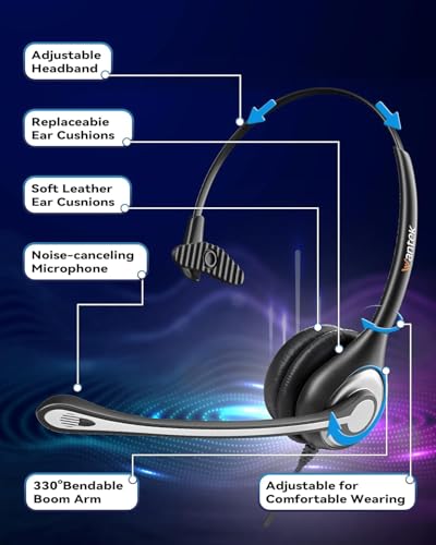 Wantek Office Phone Headset RJ9 with Noise Cancelling Microphone and Quick Disconnect Telephone Headset Compatible with Polycom Aastra Shoretel Avaya Mitel Toshiba Grandstream Can Center Phones - color: Black/Silver