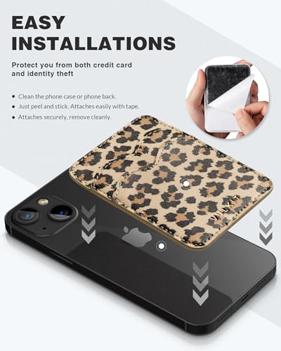 VULKIT Stick on Card Holder Compatible for iphone Leather Cell Phone Wallet Credit Card Case Strong Sticker for Women - color: Leopard Chic