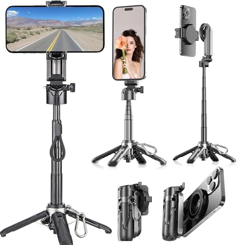 for Magsafe Tripod Stand for iPhone,Portable Pocket Size Selfie Stick with Rechargeable Remote and Metal Ring,Extendable Detachable Cell Phone Tripod Compatible with iPhone/Android
