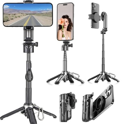 for Magsafe Tripod Stand for iPhone,Portable Pocket Size Selfie Stick with Rechargeable Remote and Metal Ring,Extendable Detachable Cell Phone Tripod Compatible with iPhone/Android